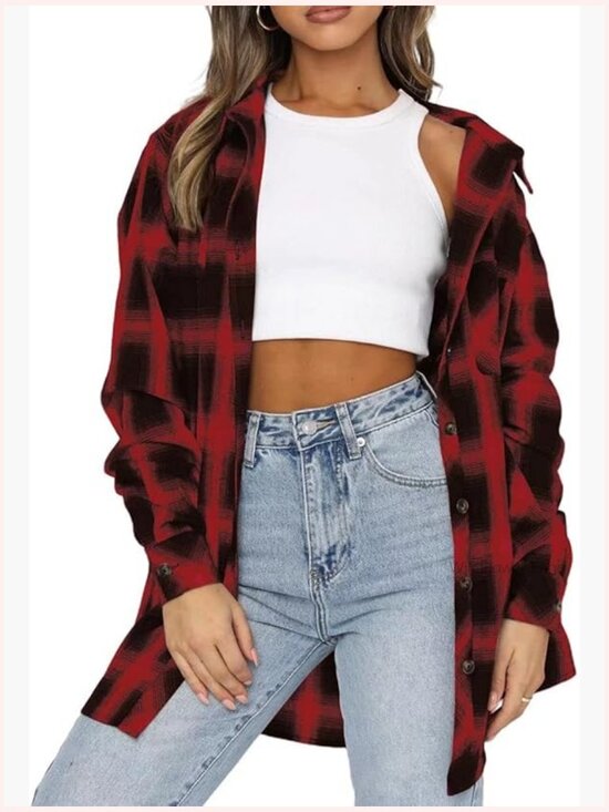 Tops - Women's Long Sleeve Button Down Plaid Flannel Shirt Blouse Tunic